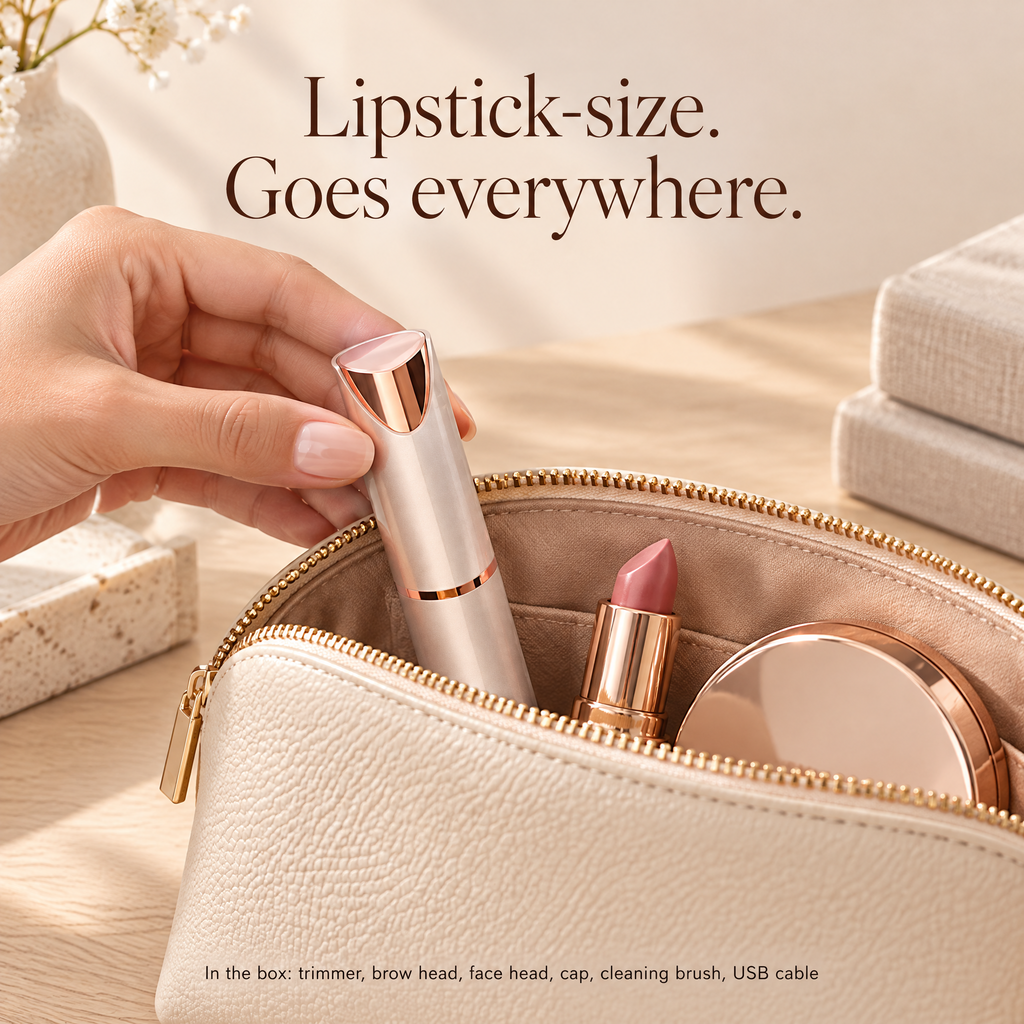 A hand reaches into a cream-colored makeup bag with a gold zipper, pulling out a slim lipstick-sized cosmetic item. The bag contains other cosmetics, and the scene is styled on a light wooden surface with soft text reading 'Lipstick-size.