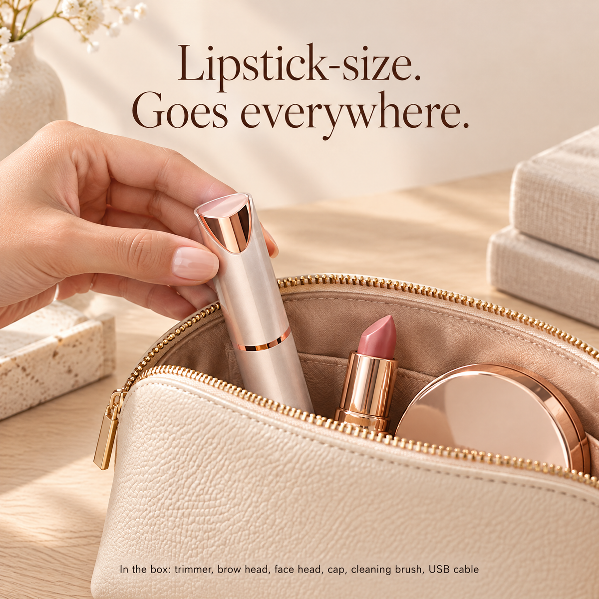A hand reaches into a cream-colored makeup bag with a gold zipper, pulling out a slim lipstick-sized cosmetic item. The bag contains other cosmetics, and the scene is styled on a light wooden surface with soft text reading 'Lipstick-size.