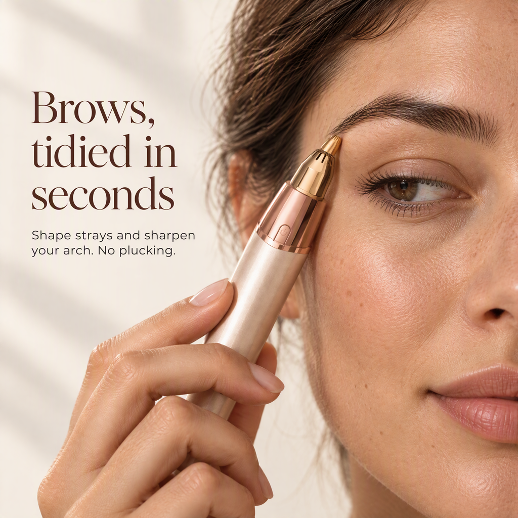A close-up of a woman holding an eyebrow grooming pen against her temple, with text on the left reading 'Brows, tidied in seconds' and 'Shape strays and sharpen your arch. No plucking.