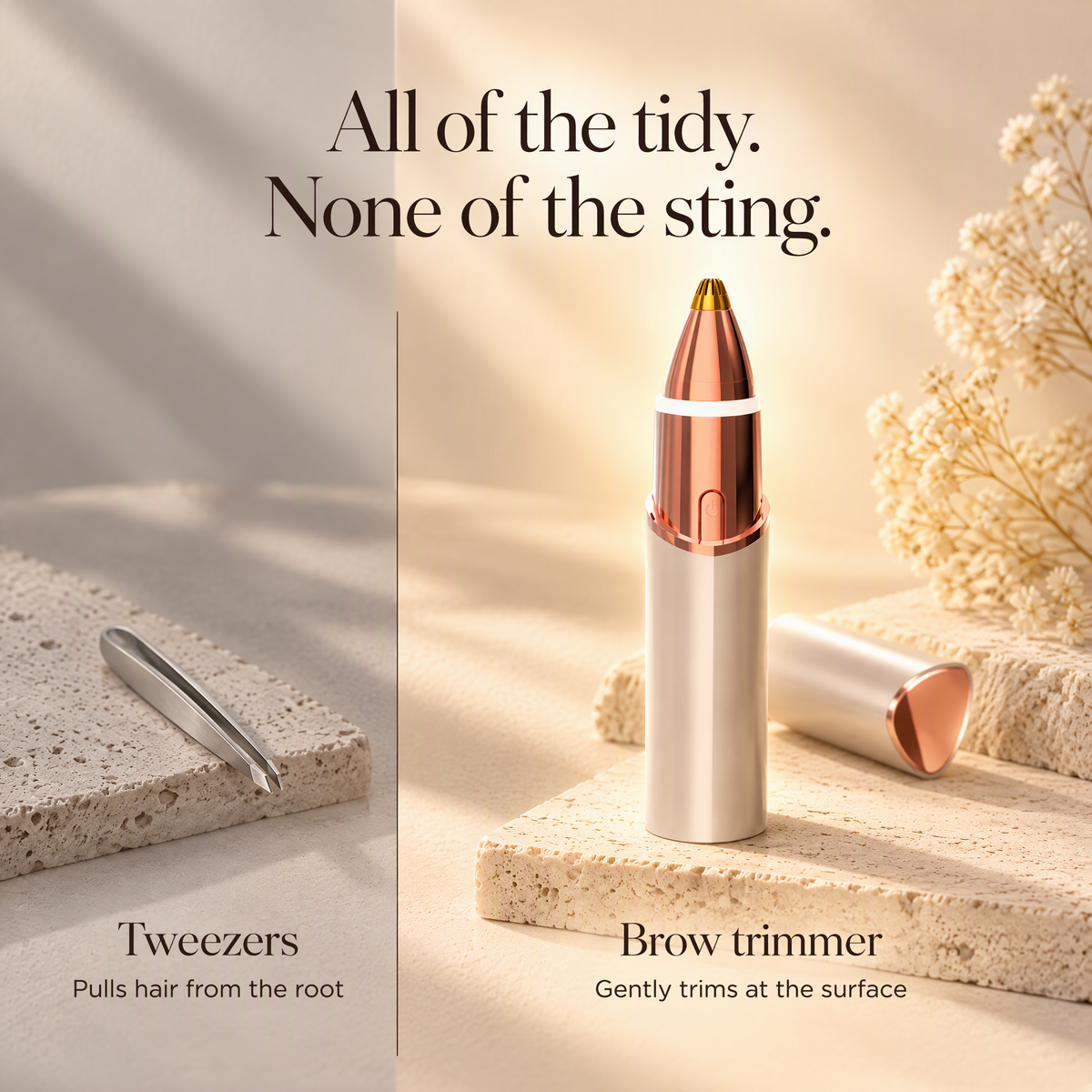 A beauty ad showing a brow trimmer and tweezers set. The main product is a metallic silver and rose gold brow trimmer standing upright on a textured stone slab, with its cap lying beside it.