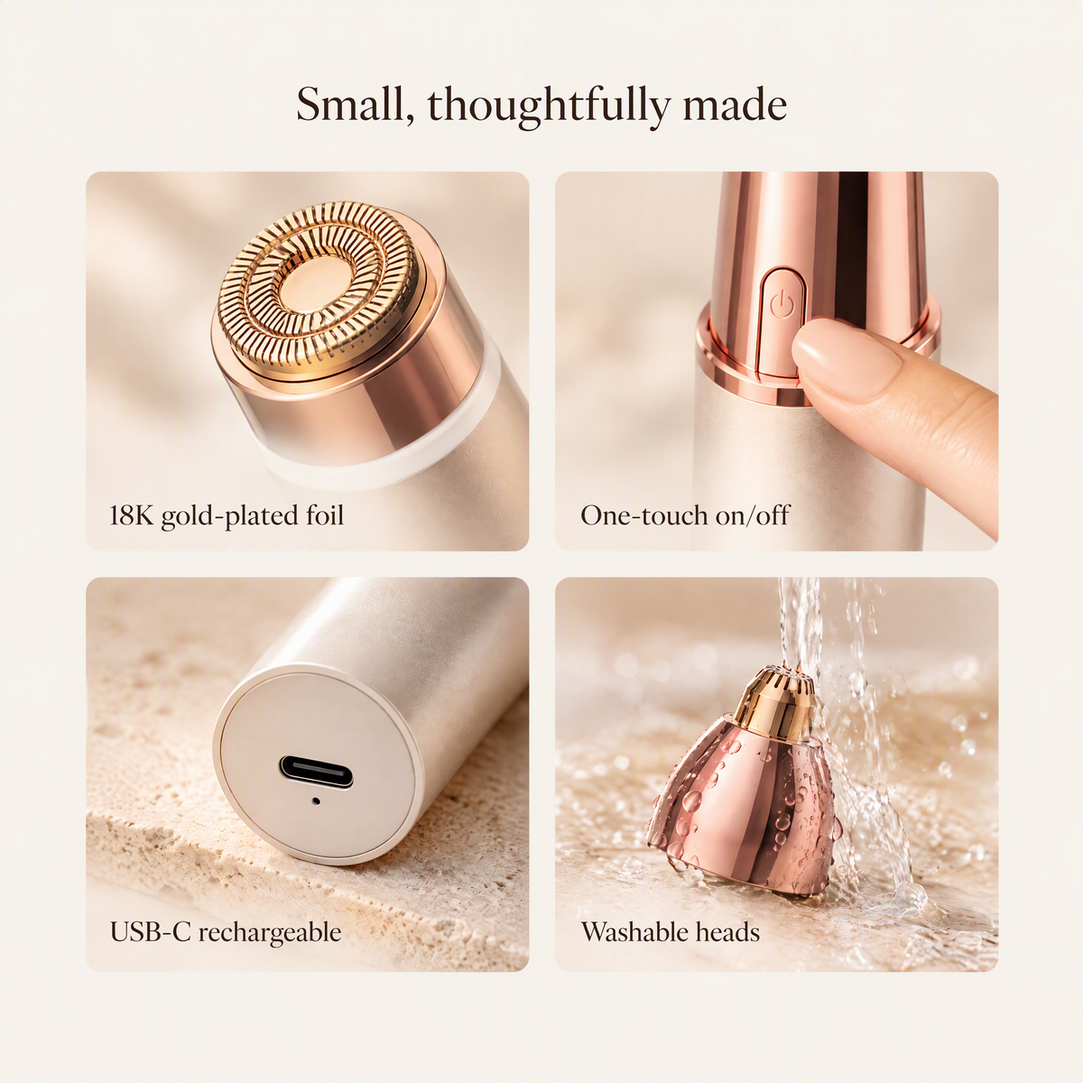 Four-panel product feature graphic for a small handheld beauty device. The top text reads 'Small, thoughtfully made.