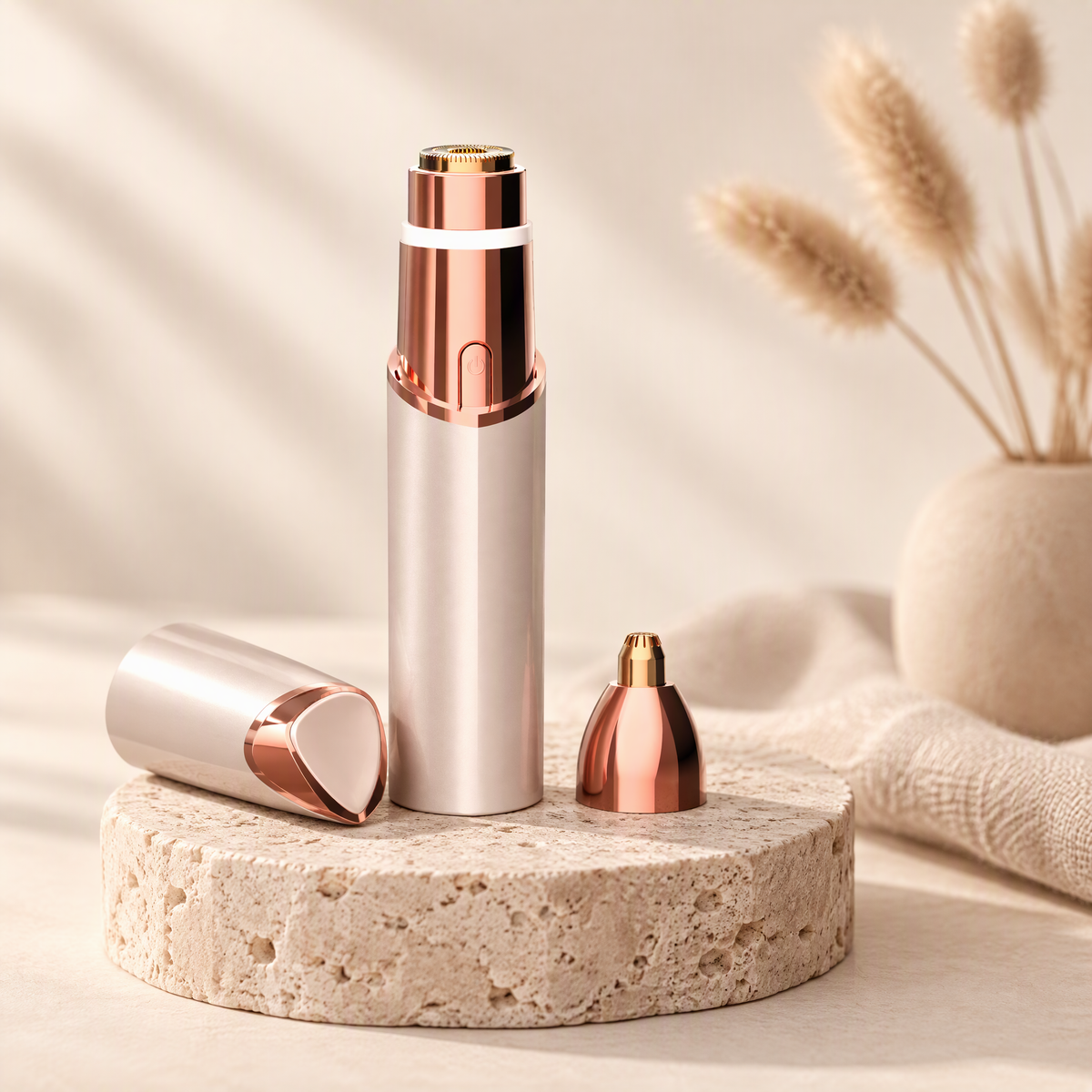 A sleek cylindrical beauty device in rose gold and white, shown with its detachable head pieces on a round stone pedestal. The background is a soft beige with a vase of dried grasses.